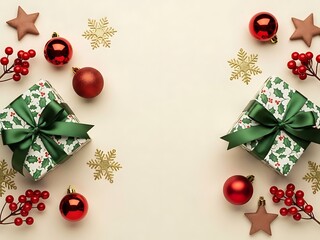 Christmas flat lay with two wrapped gifts, red ornaments, wooden stars, golden snowflakes, and red berries on a light background, isolated on white