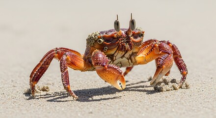 Close-up of a vibrant red ghost crab walking on a white sandy beach with raised eyes.