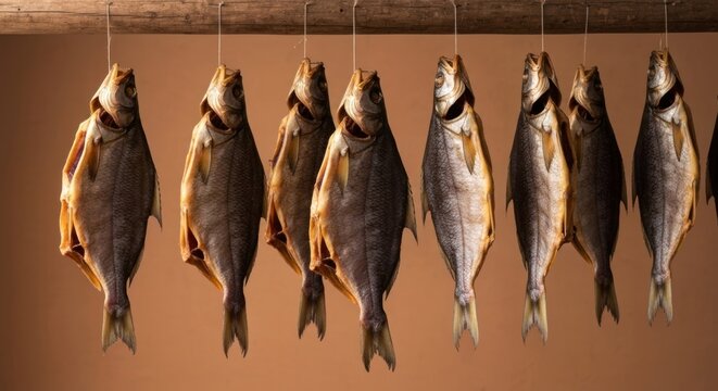 Dried fish hanging on a wooden beam