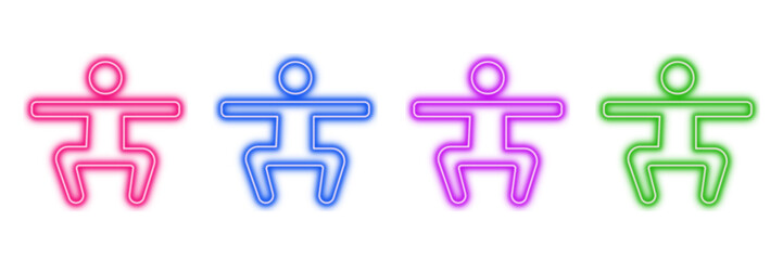 
Neon glowing human figures vector icons set, squat, exercise, fitness, balance, sport, yoga, vibrant colorful digital design illustration on transparent background.