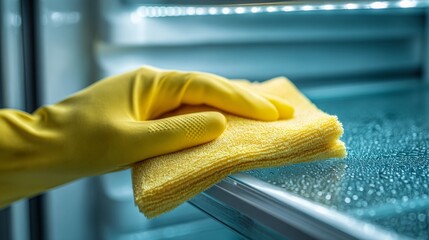 Hand in yellow glove cleaning fridge shelf with cloth