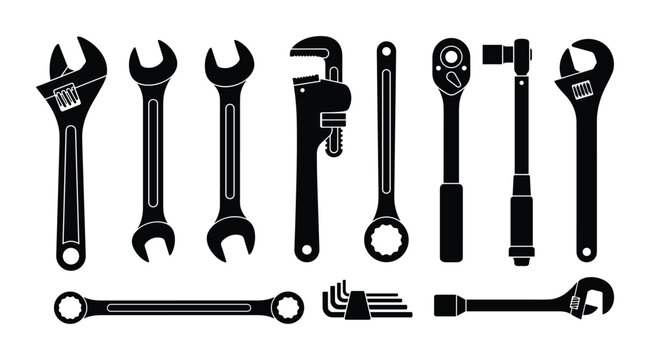 Wrench and spanner icons. Hand tools for repair and maintenance. Adjustable, pipe, ratchet, and hex keys. Vector.