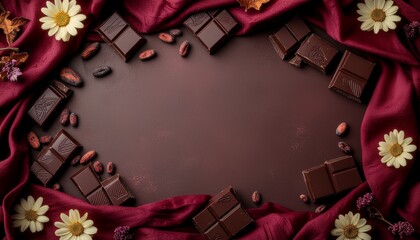 バレンタイン/高級スイーツの背景：クラフトチョコレートと白いデイジーのフレーム
