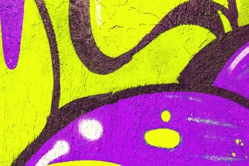 Vibrant graffiti art featuring neon yellow and purple with bold lines. 90s urban style, funky energetic contrast, street art texture. Modern wall art, digital design, creative projects.
