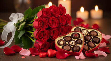 Romantic Valentine's Day gift arrangement with red roses, heart-shaped chocolate box, and glowing candles