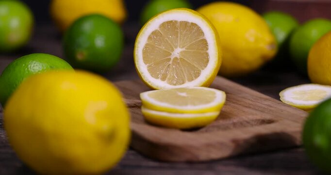 sliced juicy yellow lemon lying on the table with green limes, sliced ripe citrus fruits lemon and limes are lying on a wooden table