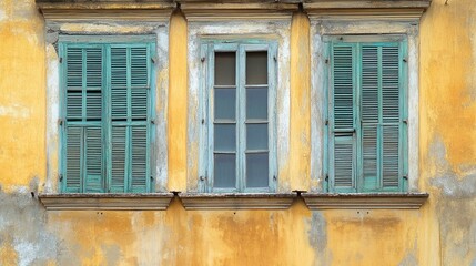 Three windows with shutters in aging yellow wall