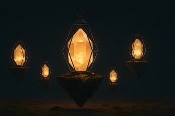 Ornate hanging lanterns glow with warm light in the dark