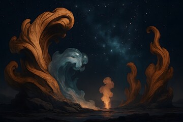 Surreal cosmic landscape with glowing organic shapes and starry night sky