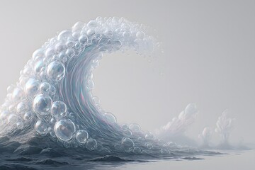 Abstract wave made of bubbles and water splashes with light blue and white tones