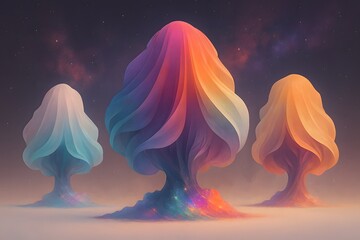 Whimsical rainbow colored trees in a magical forest setting
