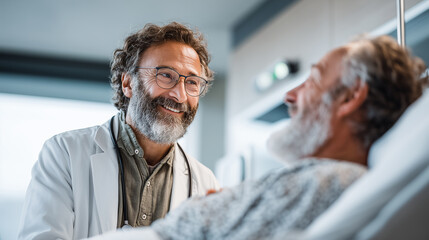 Fototapeta premium Friendly Doctor Visiting Senior Male Patient in Hospital Room, Providing Reassurance and Medical Care
