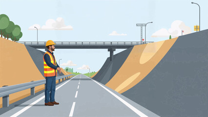 Road Engineer Inspecting Bridge Approach Construction – Modern Vector Illustration
