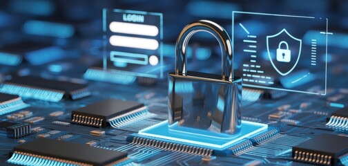 Digital Fortress: An imposing padlock symbolizes robust data security, nestled amidst an intricate network of digital components, including circuit boards and illuminated icons.