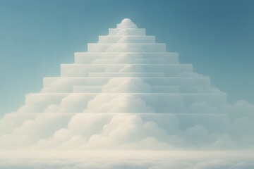 Ascending staircase of clouds leading to a bright sky