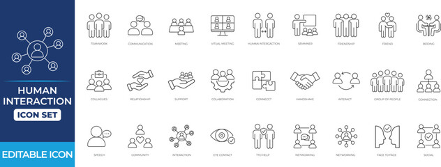 Human interaction line icon set featuring communication, teamwork, collaboration, colleague, connect, support, talk, partnership, user engagement, and social interaction symbols.