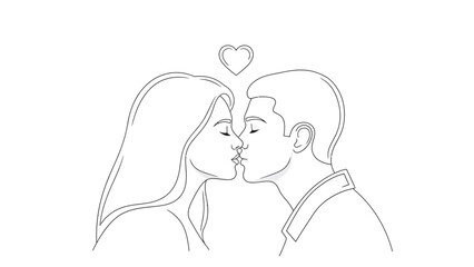 A simple line art drawing of a man and a woman kissing with a heart above them, symbolizing love and affection.