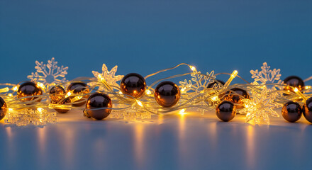 Golden Christmas lights, shiny baubles, and translucent snowflakes on a blue background