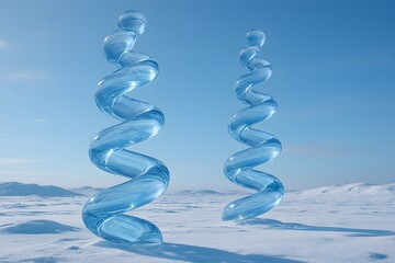 Two abstract ice sculptures twisting upwards against a bright blue sky