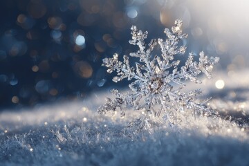 Close-up of a detailed, crystalline snowflake resting on a snowy surface, bokeh lights in background