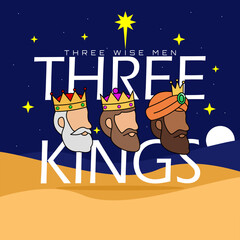 Illustration of the three wise men or Three Kings (Epiphany) the strangers who visited Jesus after his birth. Cartoon stylized profile heads of the three biblical Magi. Three Kings Day, January 6th