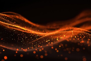 Abstract orange wave with glowing particles on black background