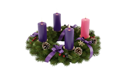 Advent Wreath with Purple and Pink Candles, isolated on transparent background