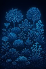 Enchanting deep blue forest at night with illuminated trees and plants