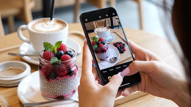 Capturing the Perfect Shot - A Close-Up of a Smartphone Photographing a Delicious Berry Parfait and Coffee.