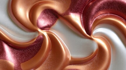 Abstract swirls of smooth metallic shades in rose gold, copper, and silver, creating an artistic and elegant background texture