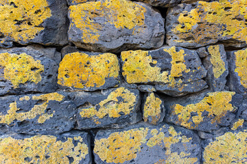 A wall made of large, dark grey rectangular stones covered with bright orange and brown lichen