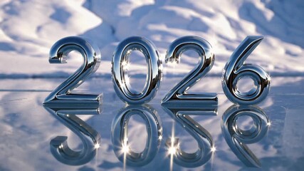 Reflective metallic 2026 numbers against snowy backdrop highlighting future winter concepts