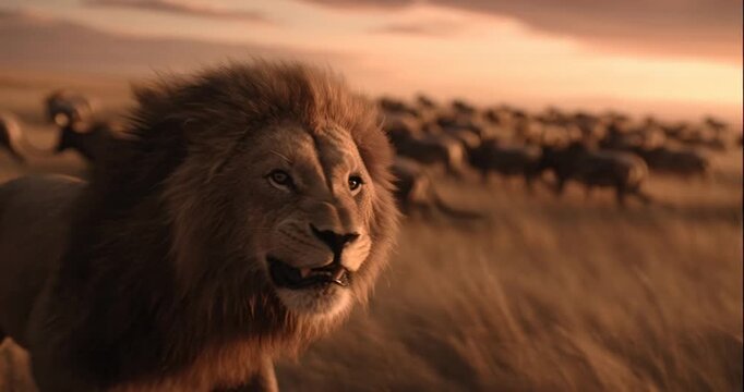 Majestic lion roaring at golden hour in a savanna, with wildebeest migration in the background