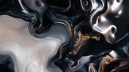 Abstract Modern Design with Fluid Swirls of Black, White, and Gold Colors in Artistic Background