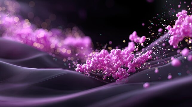 Abstract purple particles flowing through a soft, dark background with a dreamy and ethereal quality