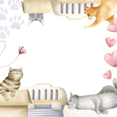 Adorable cats square watercolor frame isolated illustration. Hand drawn pet template with copy space. Funny and cute orange, brown and gray domestic animals in various poses with pet carrier and toys