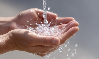 Fototapeta premium Refreshing Stream of Water Flowing into Clean Hands Symbolizing Purity and Freshness. generative aI
