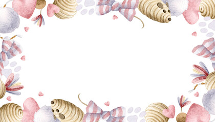 Cat toys watercolor horizontal frame with balls, pompom, mouse toys, rope with feathers and bows. Cute repeat banner template in pastel beige, pink and purple. Pet goods clip art with hearts and paws