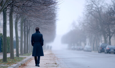 Reflective Man Walking Alone on Quiet Winter Street Wearing Long Black Coat. generative aI