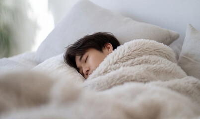 Peaceful Morning Rest Cozy under Soft Blanket with Relaxed Person Sleeping Comfortably. generative aI