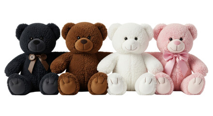 Fototapeta premium Four fluffy plush teddy bears, including charcoal black, white, and pink with a satin bow tie, positioned shoulder-to-shoulder on a crisp white high-key studio background. Concept of unity and