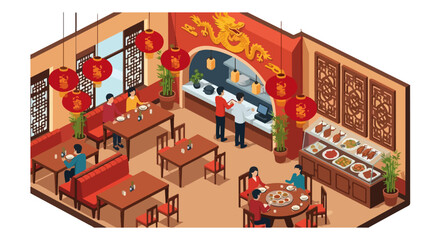 Obraz premium Isometric Chinese Restaurant Interior Vector – Japanese, Korean, and Chinese Food Dining Illustration