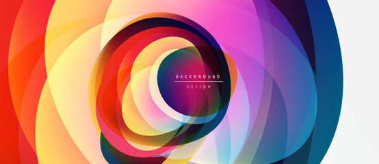 Abstract colorful layers create dynamic circular pattern. Vibrant hues blend, forming modern background design. Smooth gradients suggest movement, energy.