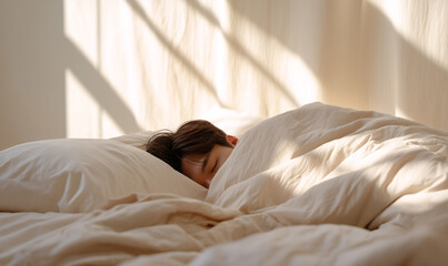 Peaceful Morning Rest Cozy under Soft Blanket with Relaxed Person Sleeping Comfortably. generative aI