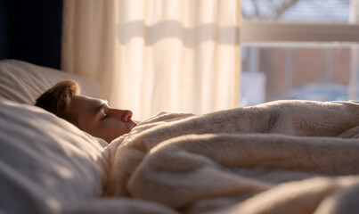 Peaceful Morning Rest Cozy under Soft Blanket with Relaxed Person Sleeping Comfortably. generative aI