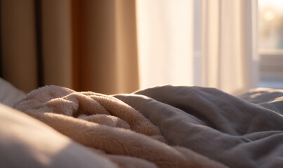 Soft Plush Blanket Glowing in Warm Sunlight Creating Cozy and Comfortable Atmosphere. generative aI