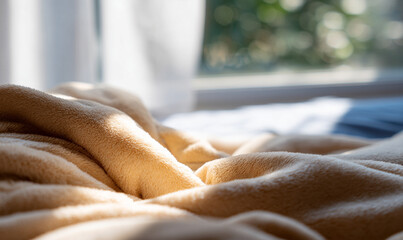 Soft Plush Blanket Glowing in Warm Sunlight Creating Cozy and Comfortable Atmosphere. generative aI