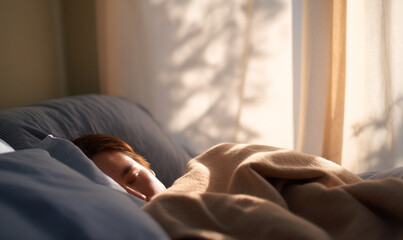 Peaceful Morning Rest Cozy under Soft Blanket with Relaxed Person Sleeping Comfortably. generative aI