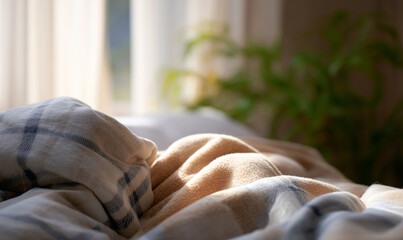 Soft Plush Blanket Glowing in Warm Sunlight Creating Cozy and Comfortable Atmosphere. generative aI