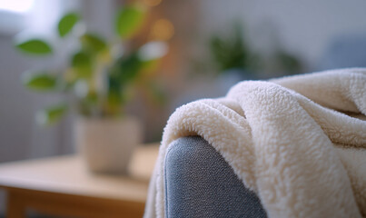 Soft Fleece Blanket Draped Over Armchair in Cozy Room with Gentle Natural Light. generative aI
